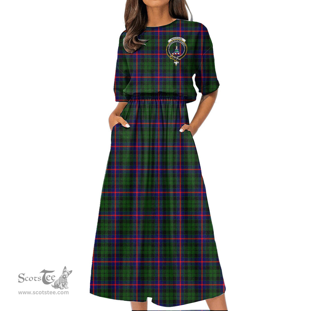 Scottish Morrison Modern Tartan Crest Womens Elastic Waist Dress Tartan Plaid Dress