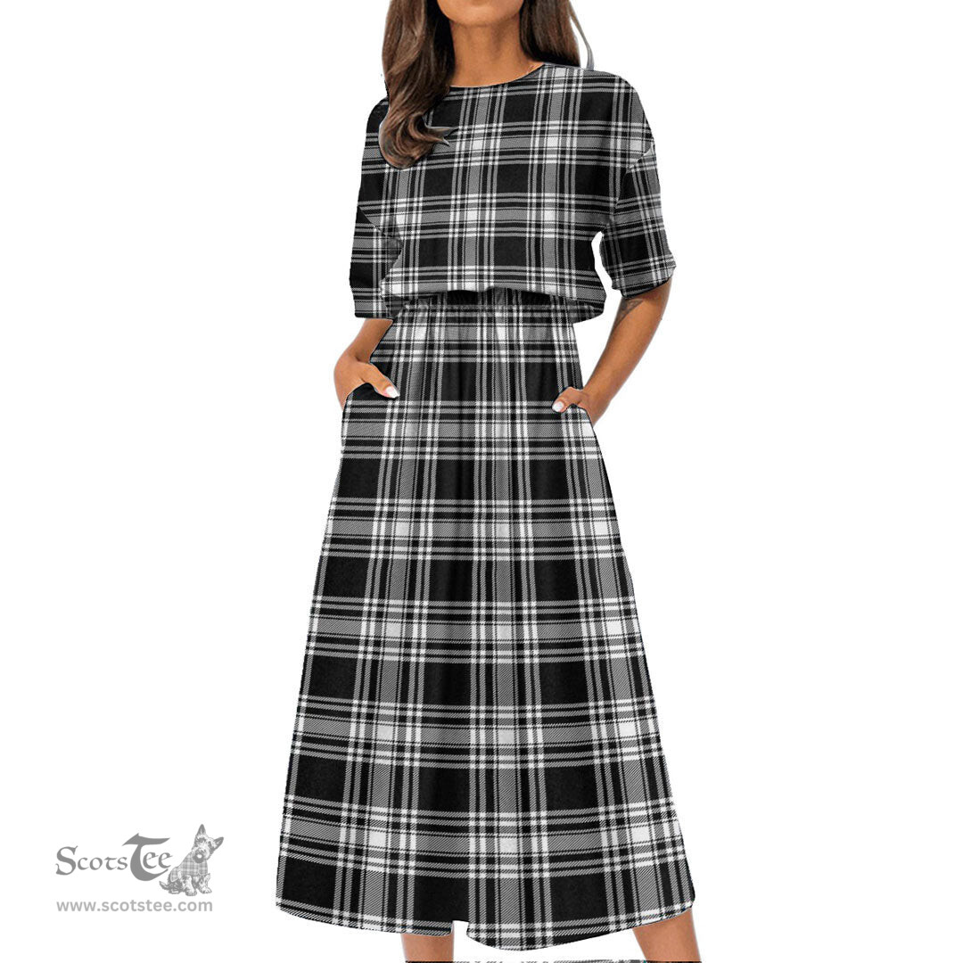 Scottish Menzies Black & White Modern Tartan Womens Elastic Waist Dress Tartan Plaid Dress