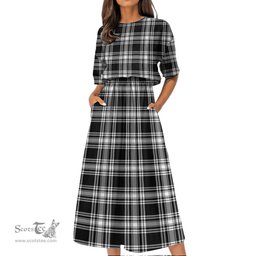 Scottish Menzies Black & White Modern Tartan Womens Elastic Waist Dress Tartan Plaid Dress