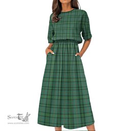 Scottish Ross Hunting Ancient Tartan Womens Elastic Waist Dress Tartan Plaid Dress