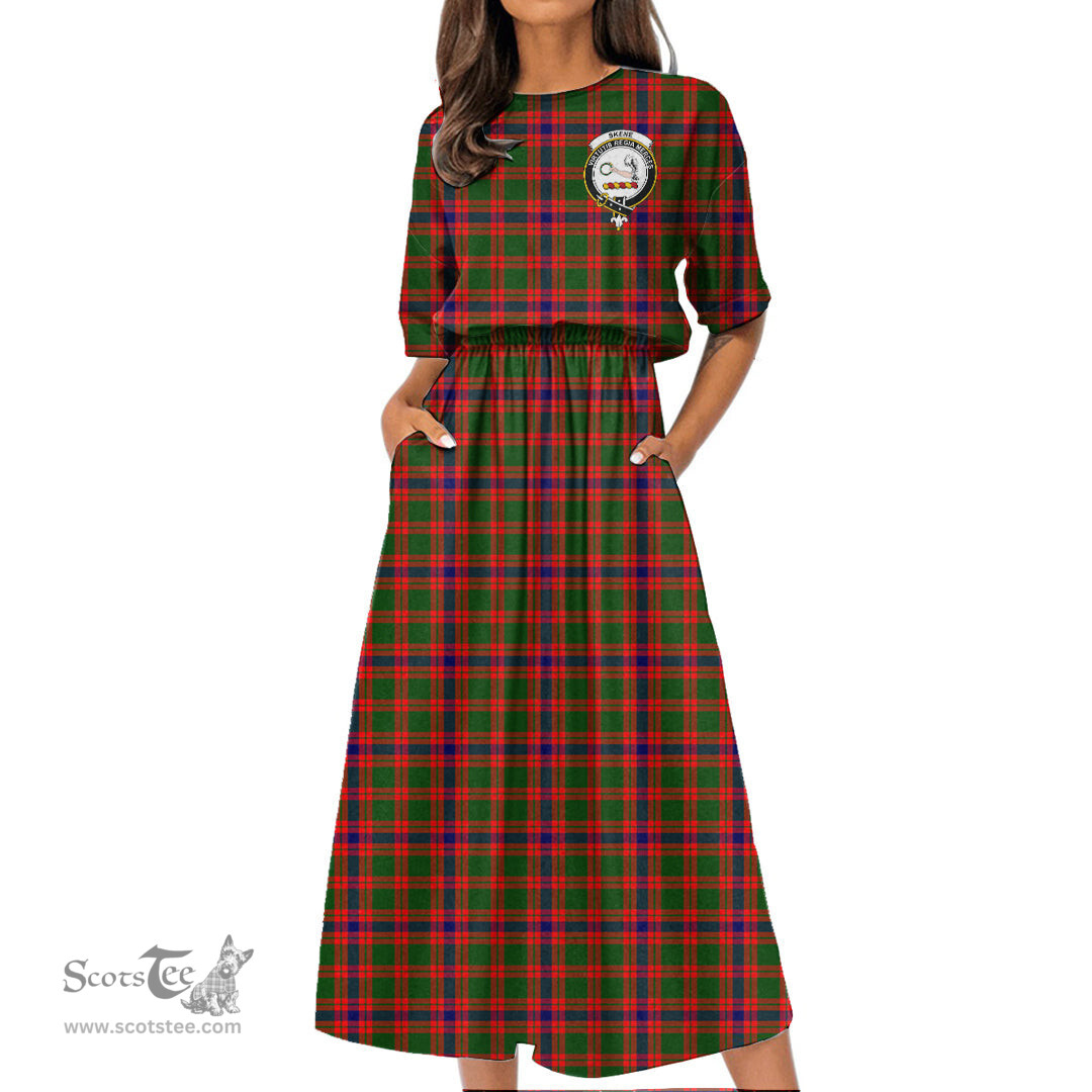 Scottish Skene Modern Tartan Crest Womens Elastic Waist Dress Tartan Plaid Dress