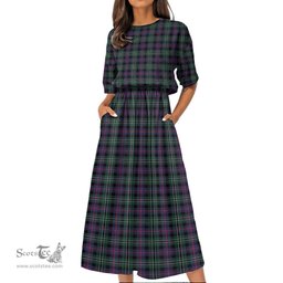 Scottish Rose Hunting Modern Tartan Womens Elastic Waist Dress Tartan Plaid Dress
