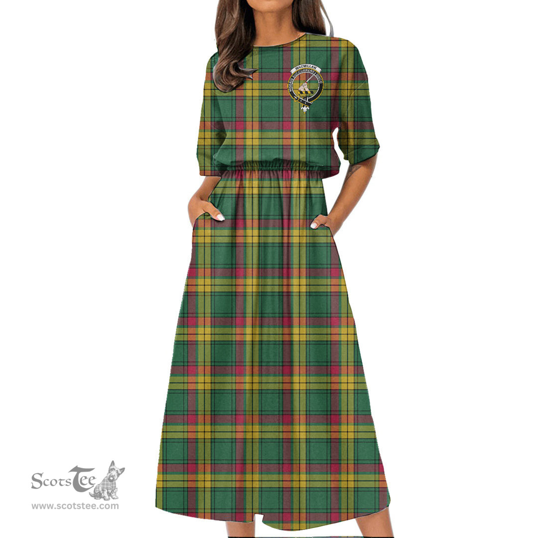 Scottish MacMillan Old Ancient Tartan Crest Womens Elastic Waist Dress Tartan Plaid Dress
