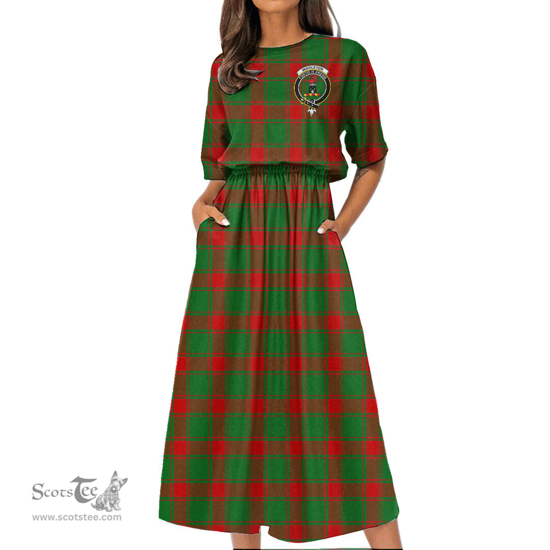 Scottish Middleton Modern Tartan Crest Womens Elastic Waist Dress Tartan Plaid Dress