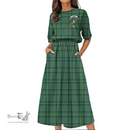 Scottish Ross Hunting Ancient Tartan Crest Womens Elastic Waist Dress Tartan Plaid Dress
