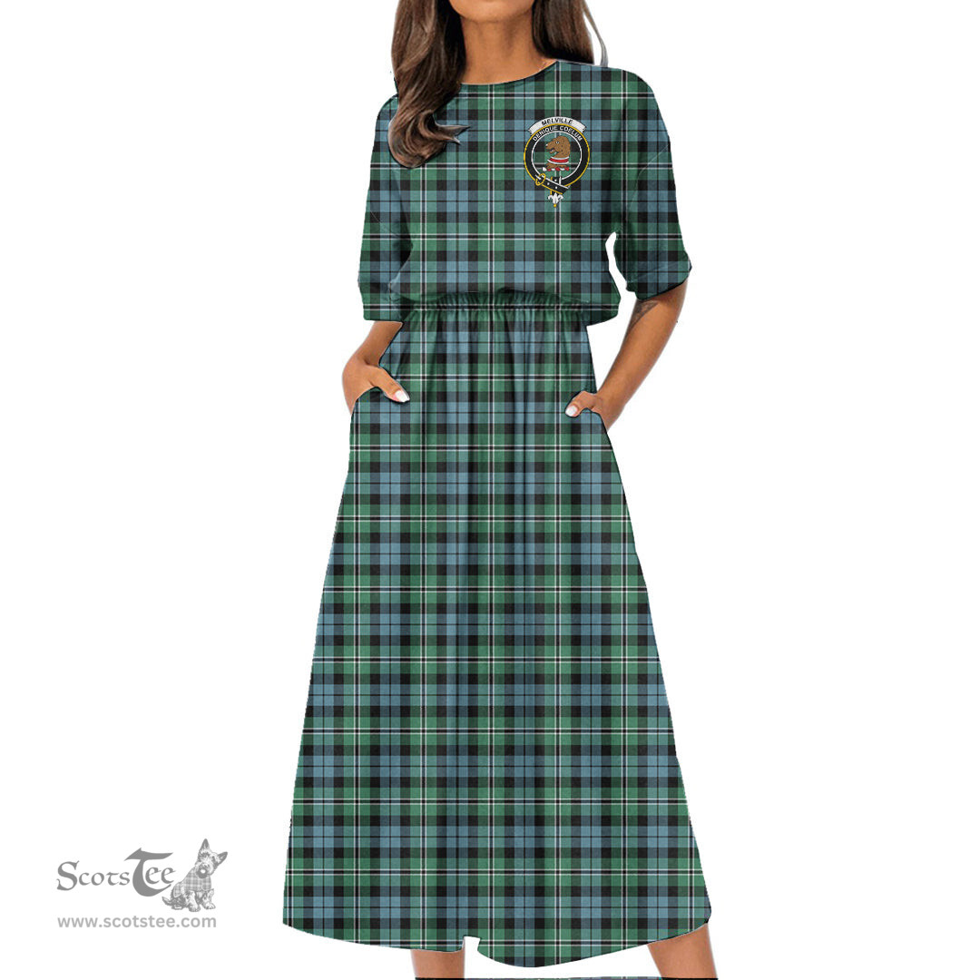 Scottish Melville Tartan Crest Womens Elastic Waist Dress Tartan Plaid Dress