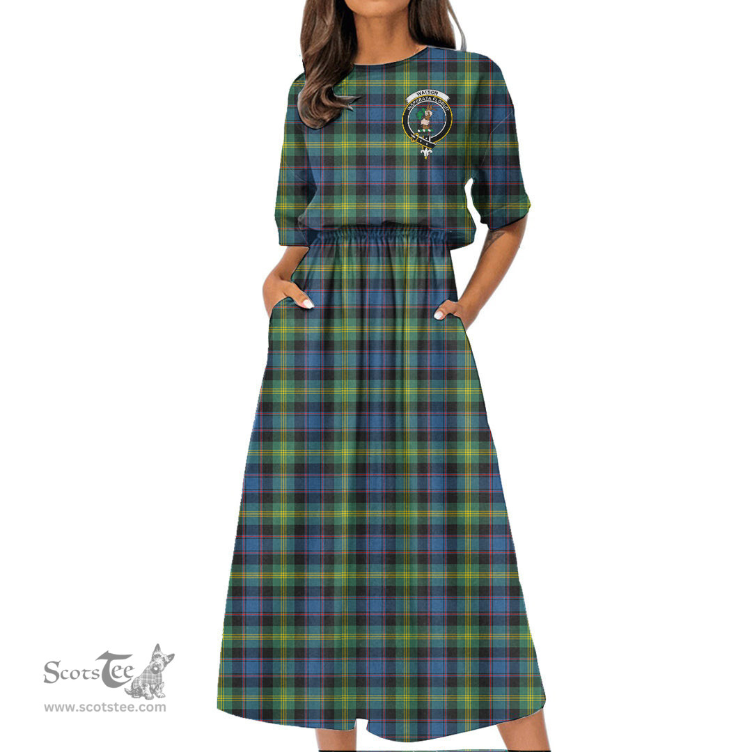 Scottish Watson Ancient Tartan Crest Womens Elastic Waist Dress Tartan Plaid Dress