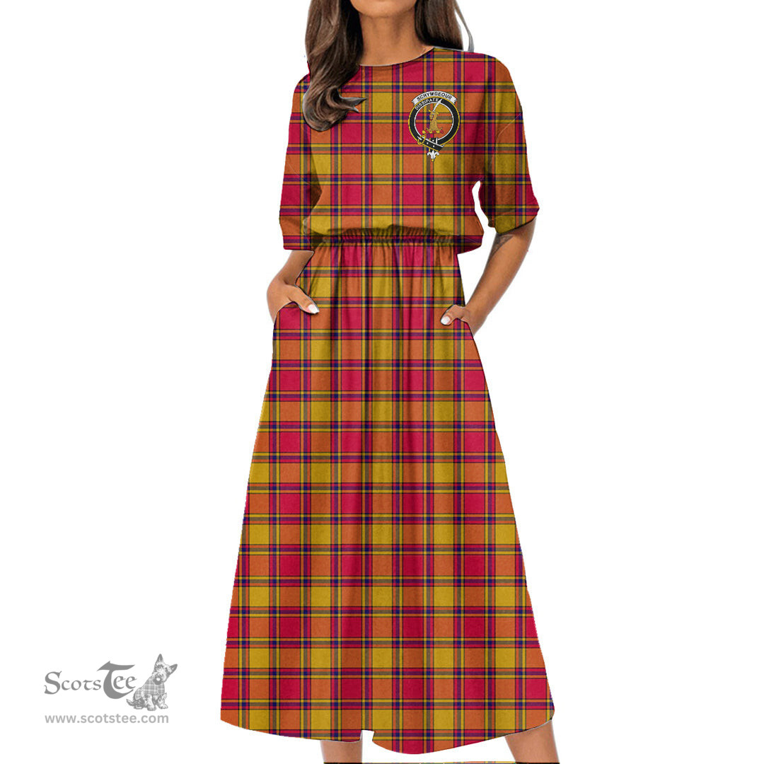 Scottish Scrymgeour Tartan Crest Womens Elastic Waist Dress Tartan Plaid Dress