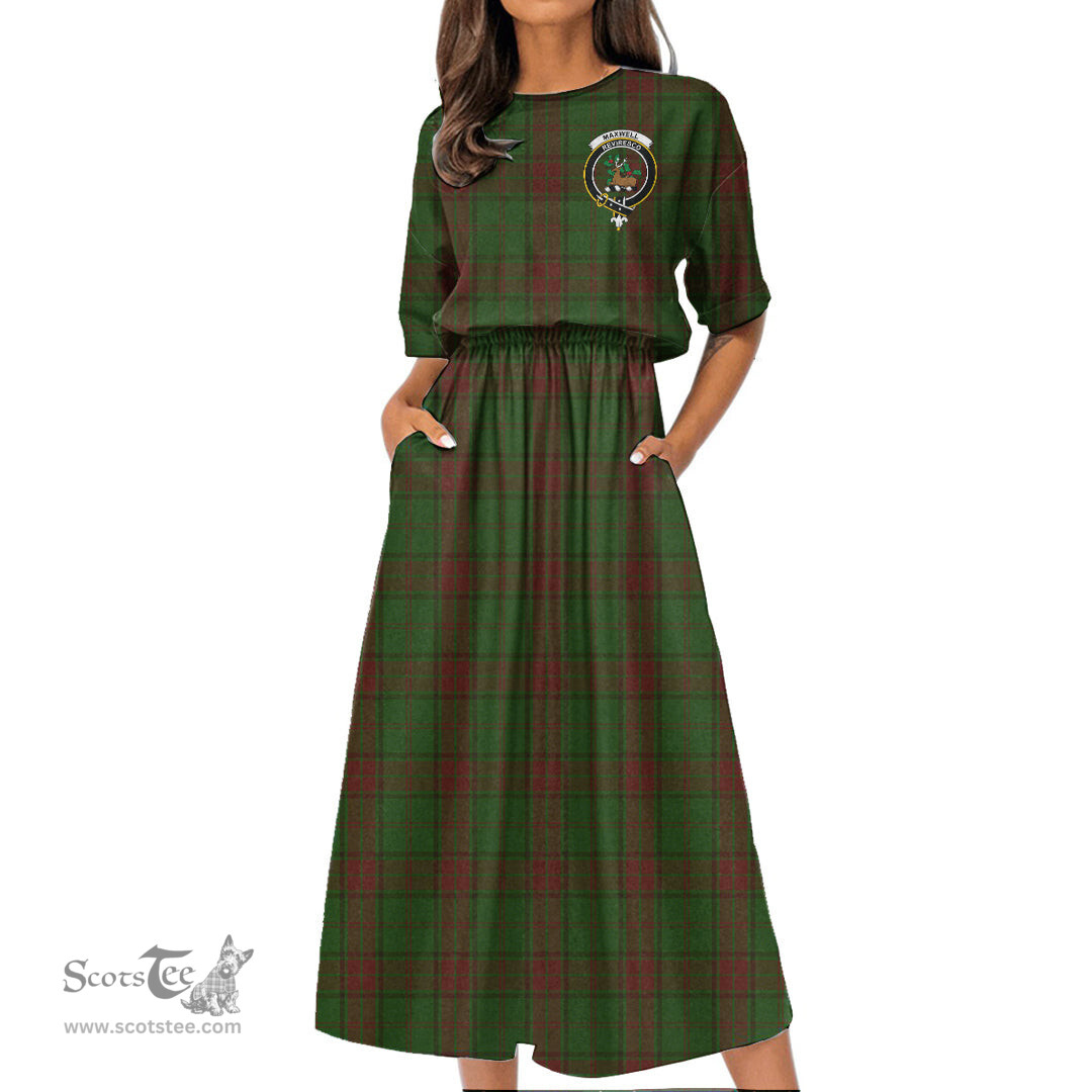 Scottish Maxwell Hunting Tartan Crest Womens Elastic Waist Dress Tartan Plaid Dress