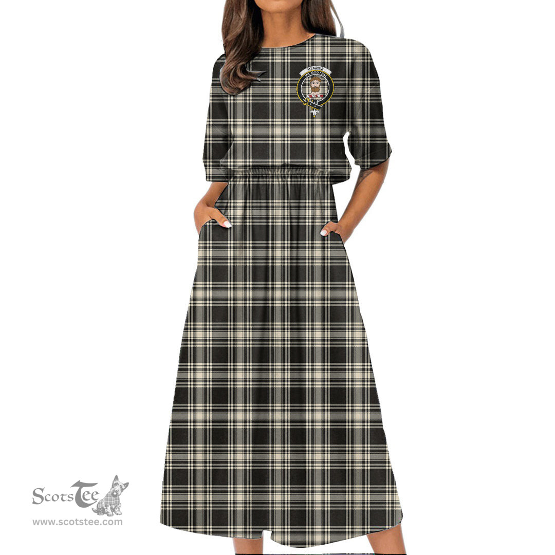 Scottish Menzies Black & White Ancient Tartan Crest Womens Elastic Waist Dress Tartan Plaid Dress