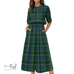 Scottish Stewart Hunting Modern Tartan Womens Elastic Waist Dress Tartan Plaid Dress