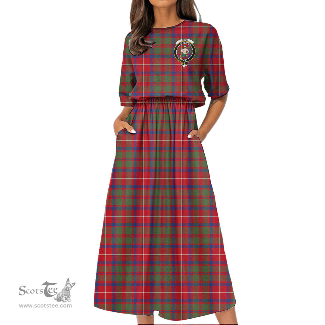 Scottish Shaw Red Modern Tartan Crest Womens Elastic Waist Dress Tartan Plaid Dress