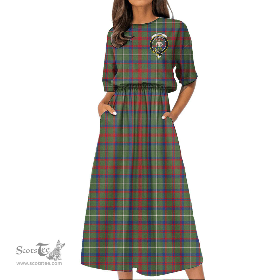 Scottish Shaw Green Modern Tartan Crest Womens Elastic Waist Dress Tartan Plaid Dress