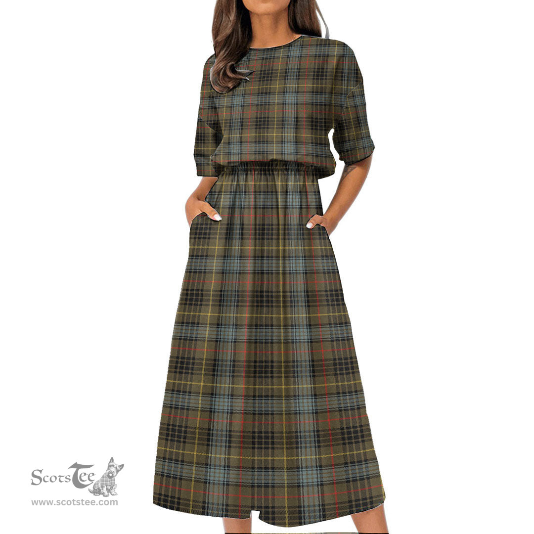 Scottish Stewart Hunting Weathered Tartan Womens Elastic Waist Dress Tartan Plaid Dress