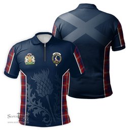 ScotsTee Shop Scottish Ainslie Clan Scottish Crest and Scottish Thistle Sport Tartan Zipper Polo Shirt