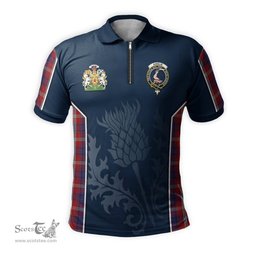 ScotsTee Shop Scottish Ainslie Clan Scottish Crest and Scottish Thistle Sport Tartan Zipper Polo Shirt