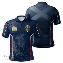 ScotsTee Shop Scottish Agnew Modern Clan Scottish Crest and Scottish Thistle Sport Tartan Zipper Polo Shirt