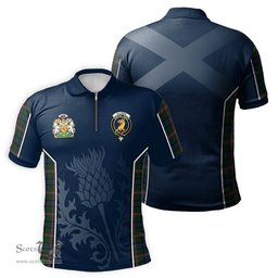 ScotsTee Shop Scottish Allison Clan Scottish Crest and Scottish Thistle Sport Tartan Zipper Polo Shirt