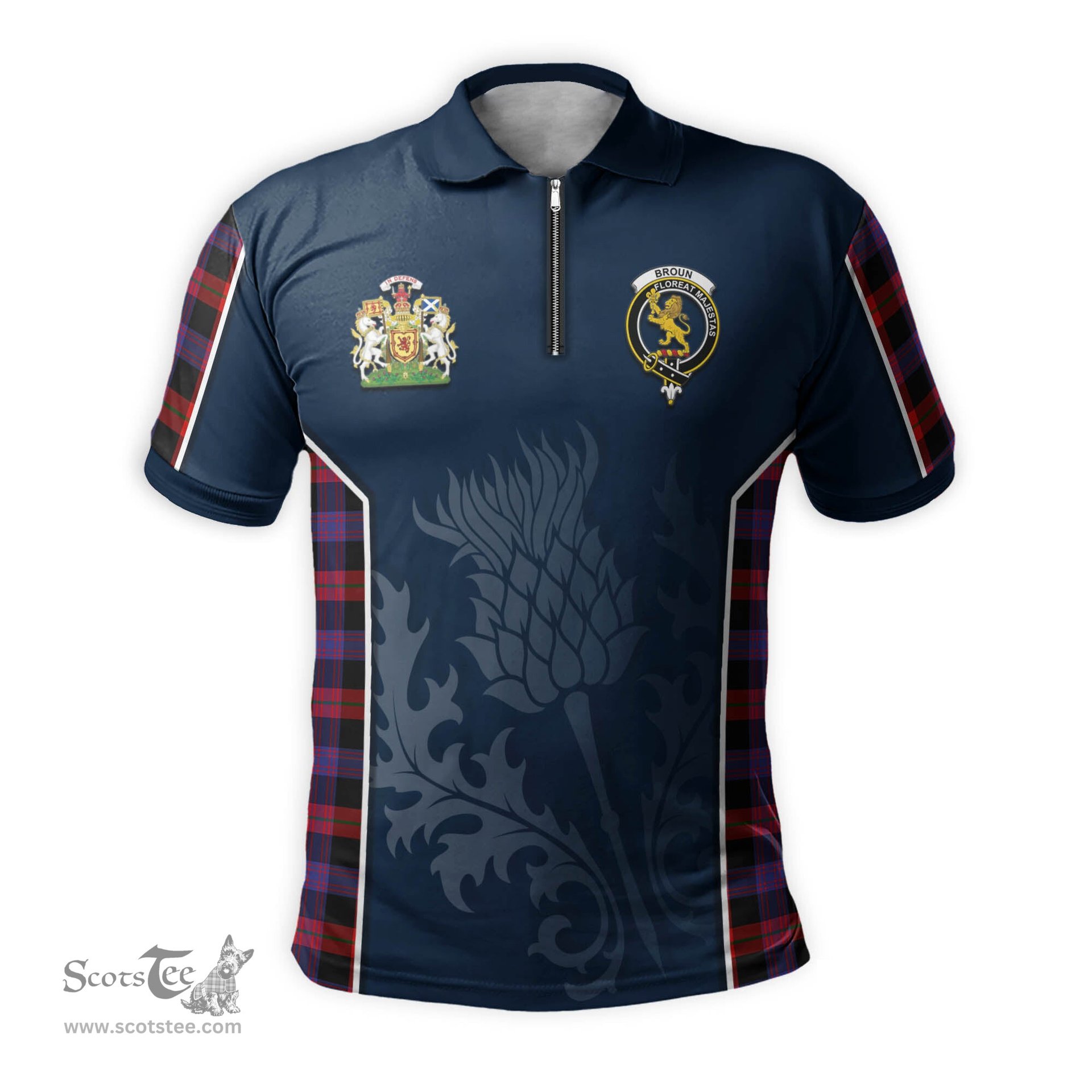 ScotsTee Shop Scottish Broun Modern Clan Scottish Crest and Scottish Thistle Sport Tartan Zipper Polo Shirt