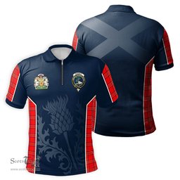ScotsTee Shop Scottish Burnett Modern Clan Scottish Crest and Scottish Thistle Sport Tartan Zipper Polo Shirt