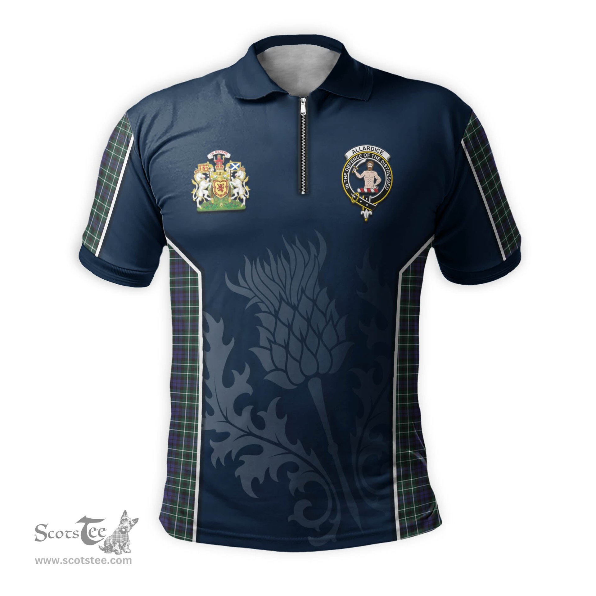 ScotsTee Shop Scottish Allardice Clan Scottish Crest and Scottish Thistle Sport Tartan Zipper Polo Shirt