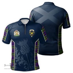 ScotsTee Shop Scottish Arnott Clan Scottish Crest and Scottish Thistle Sport Tartan Zipper Polo Shirt