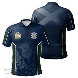 ScotsTee Shop Scottish Black Watch Clan Scottish Crest and Scottish Thistle Sport Tartan Zipper Polo Shirt