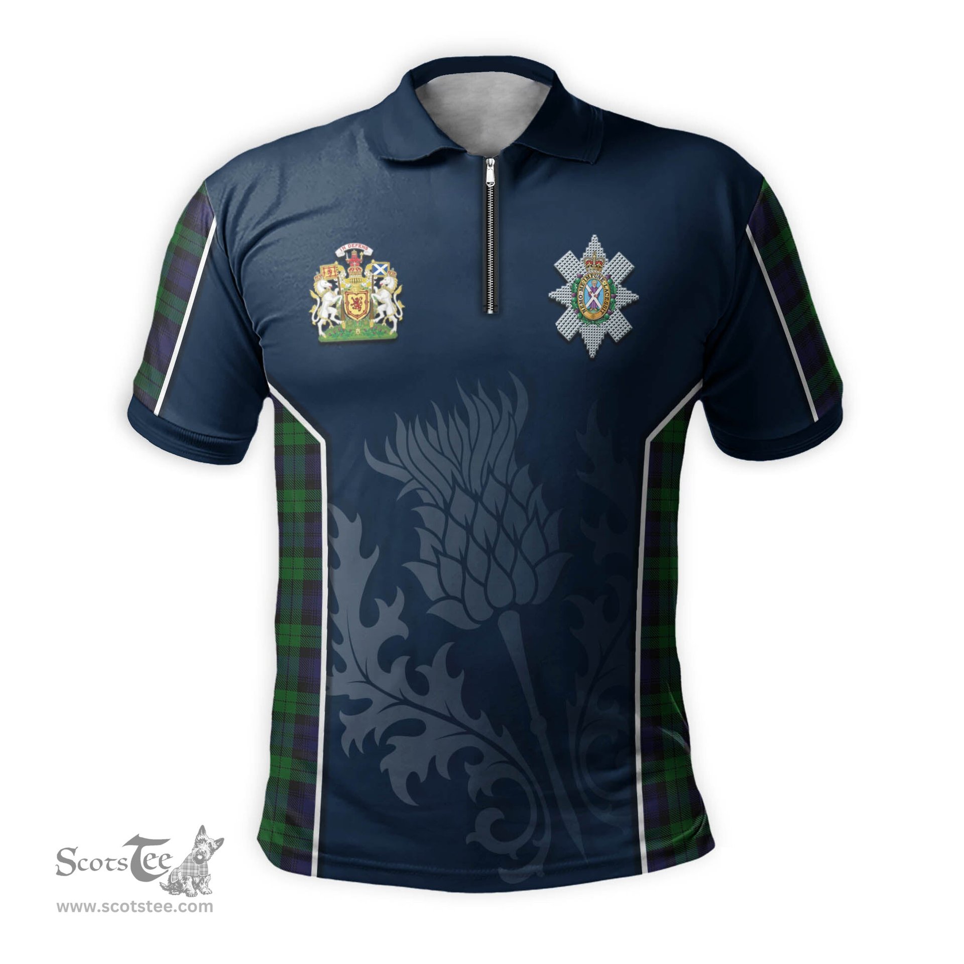 ScotsTee Shop Scottish Black Watch Clan Scottish Crest and Scottish Thistle Sport Tartan Zipper Polo Shirt
