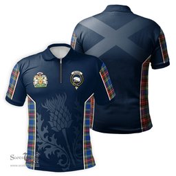 ScotsTee Shop Scottish Bethune Clan Scottish Crest and Scottish Thistle Sport Tartan Zipper Polo Shirt