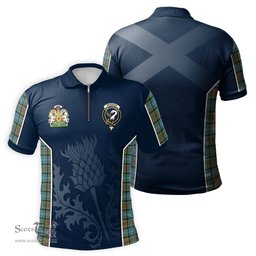 ScotsTee Shop Scottish Brisbane modern Clan Scottish Crest and Scottish Thistle Sport Tartan Zipper Polo Shirt