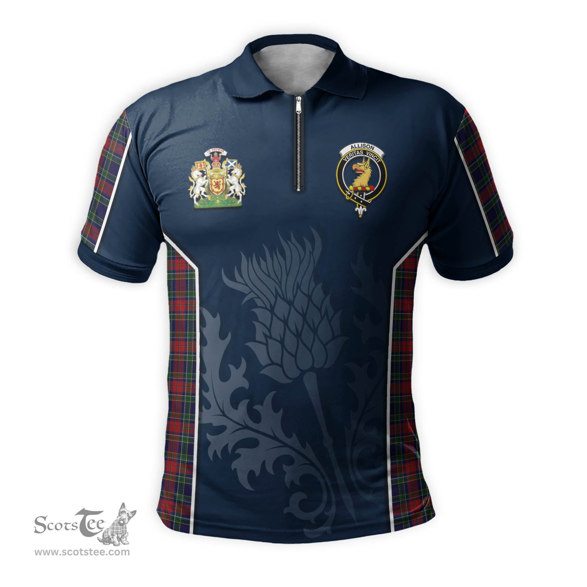 ScotsTee Shop Scottish Allison Red Clan Scottish Crest and Scottish Thistle Sport Tartan Zipper Polo Shirt