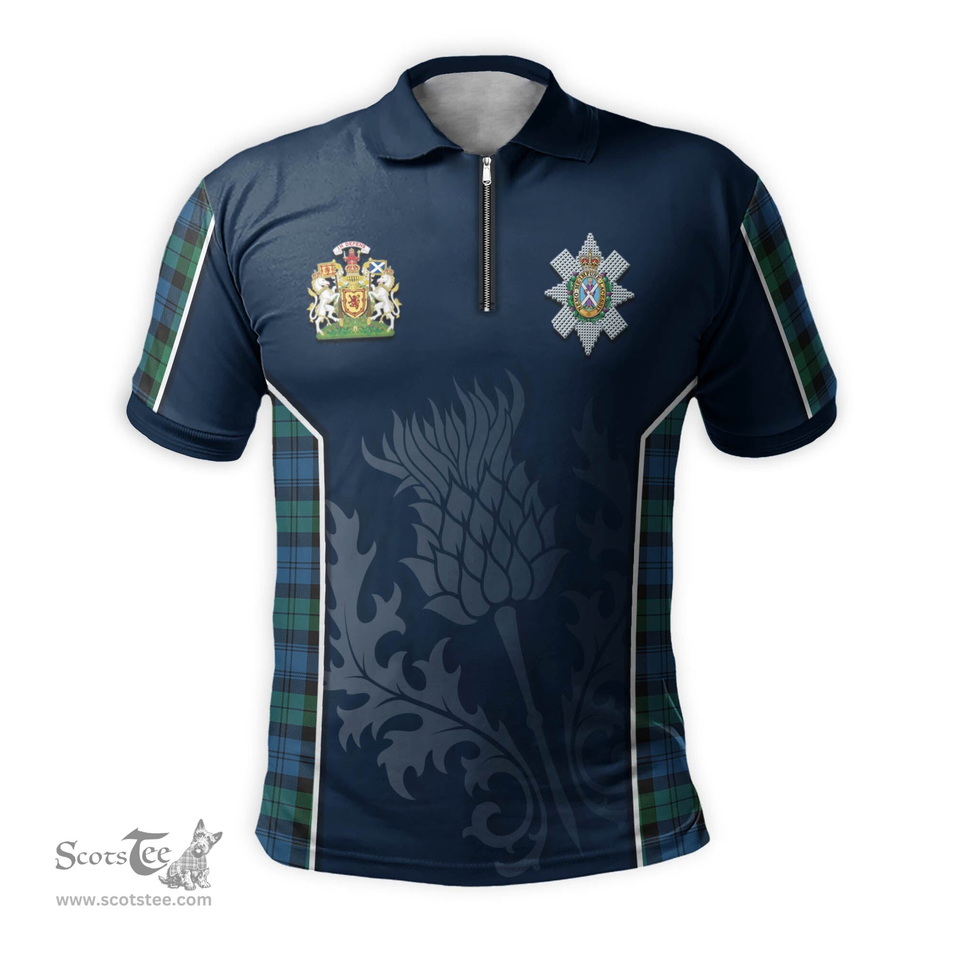 ScotsTee Shop Scottish Black Watch Ancient Clan Scottish Crest and Scottish Thistle Sport Tartan Zipper Polo Shirt
