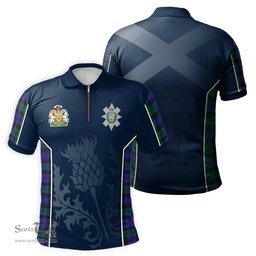 ScotsTee Shop Scottish Black Watch Modern Clan Scottish Crest and Scottish Thistle Sport Tartan Zipper Polo Shirt