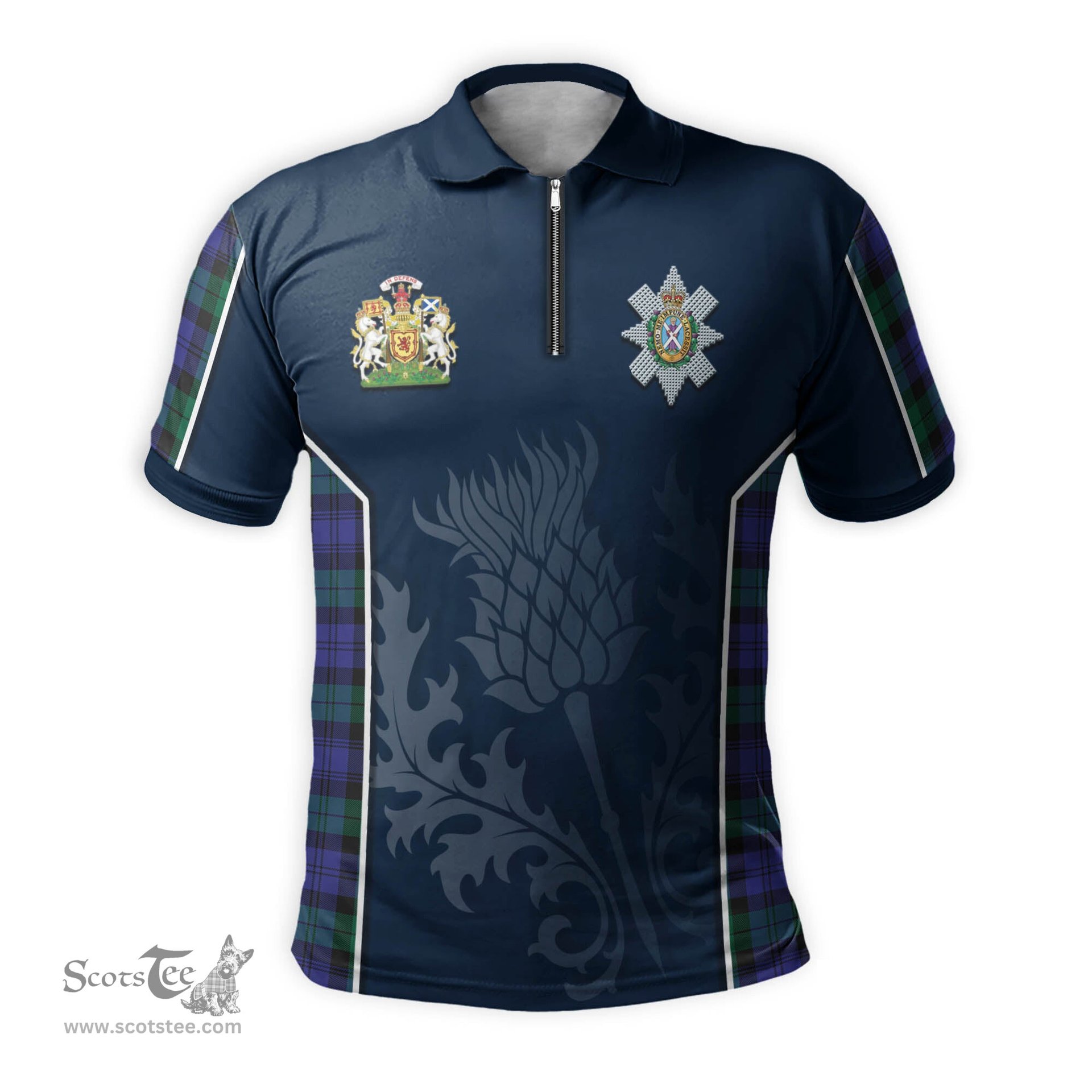 ScotsTee Shop Scottish Black Watch Modern Clan Scottish Crest and Scottish Thistle Sport Tartan Zipper Polo Shirt
