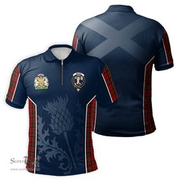 ScotsTee Shop Scottish Brodie Clan Scottish Crest and Scottish Thistle Sport Tartan Zipper Polo Shirt