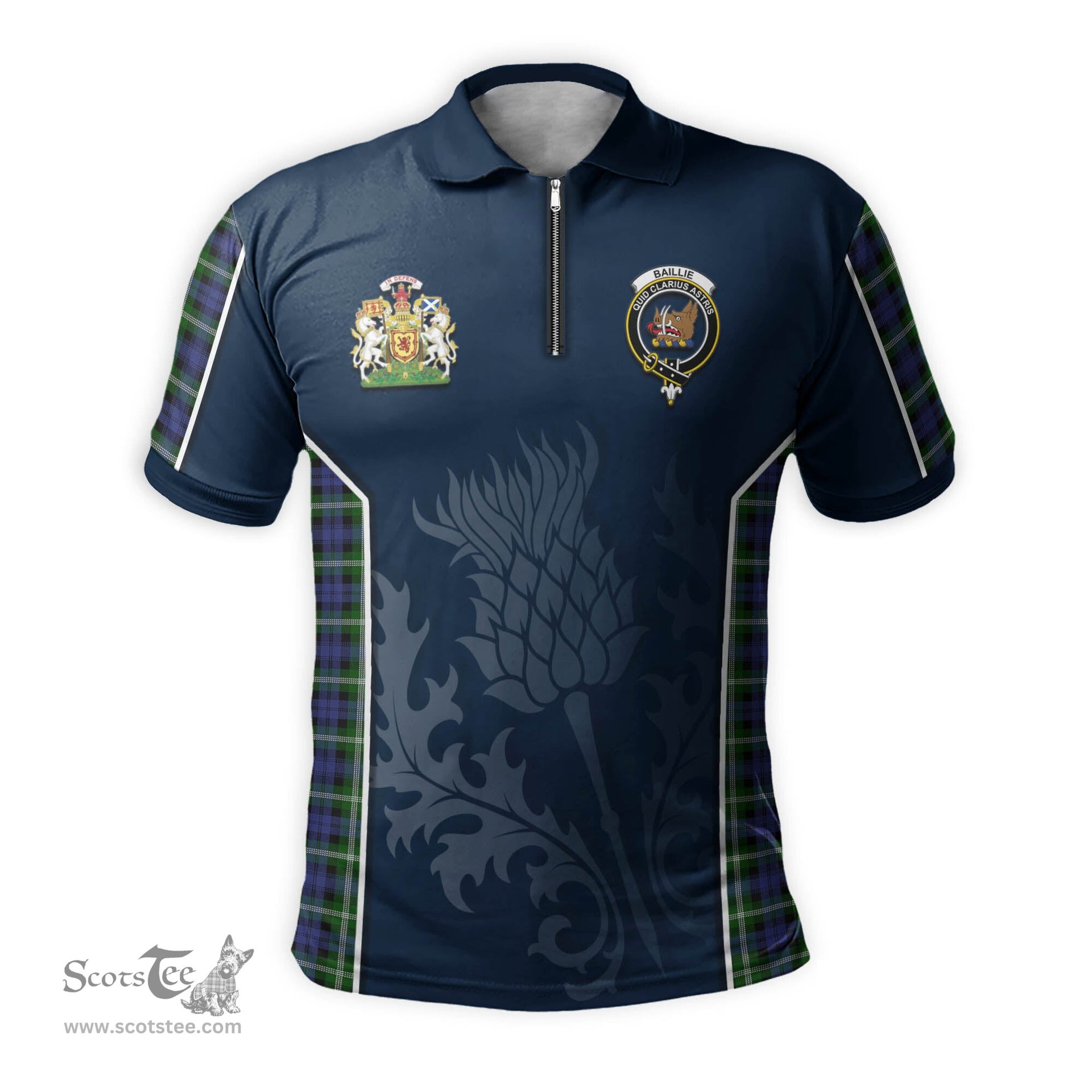 ScotsTee Shop Scottish Baillie Modern Clan Scottish Crest and Scottish Thistle Sport Tartan Zipper Polo Shirt