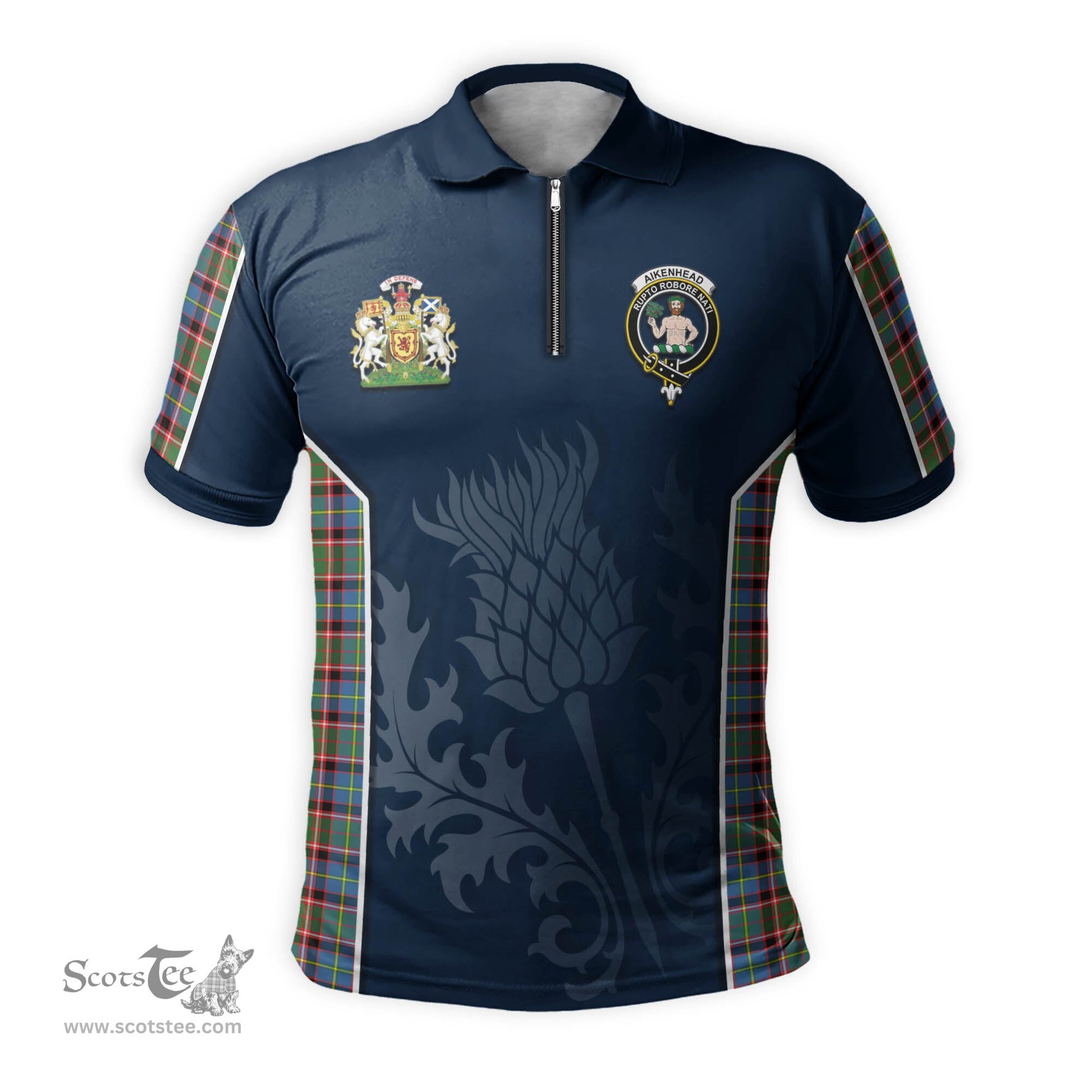 ScotsTee Shop Scottish Aikenhead Clan Scottish Crest and Scottish Thistle Sport Tartan Zipper Polo Shirt