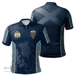 ScotsTee Shop Scottish Agnew Ancient Clan Scottish Crest and Scottish Thistle Sport Tartan Zipper Polo Shirt