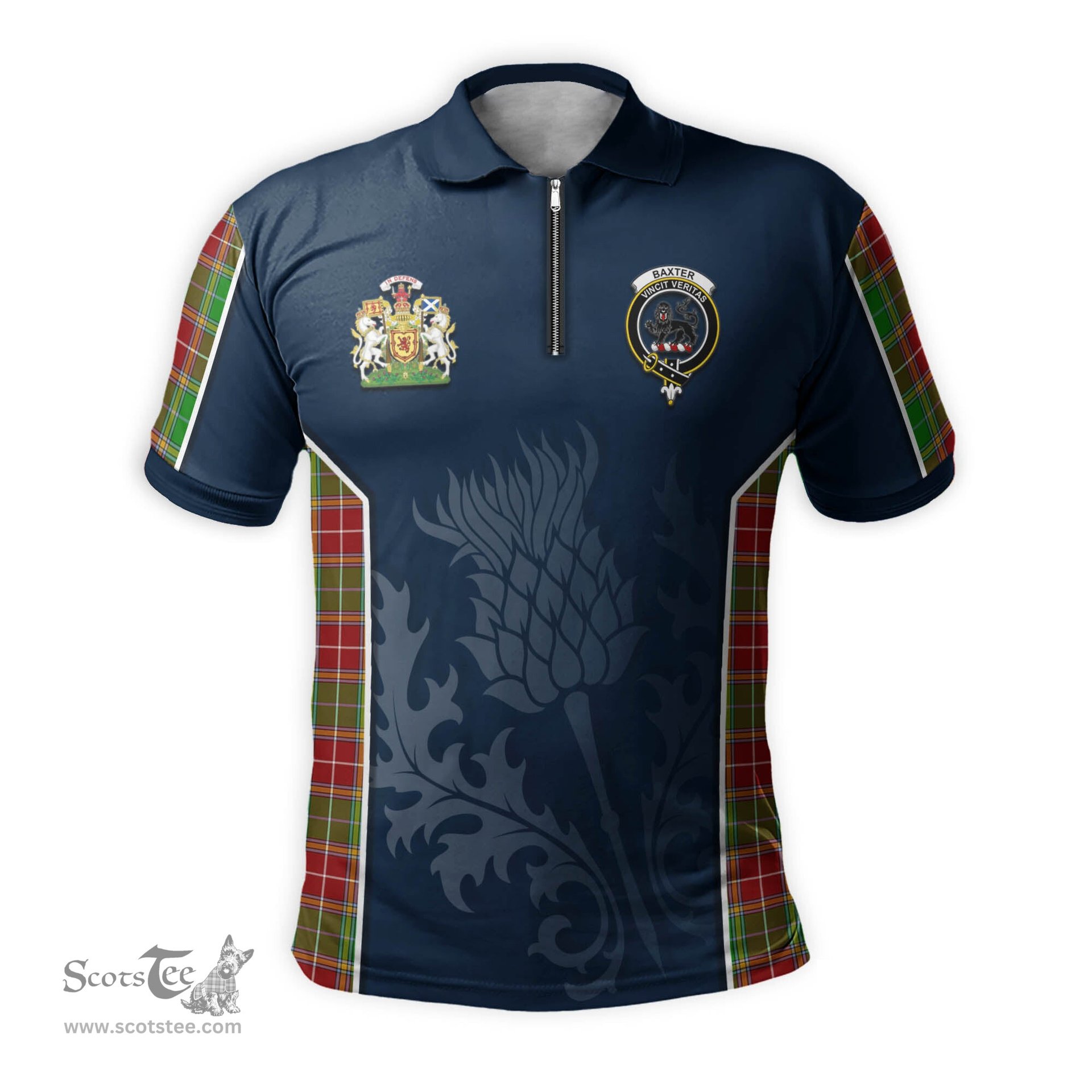 ScotsTee Shop Scottish Baxter Modern Clan Scottish Crest and Scottish Thistle Sport Tartan Zipper Polo Shirt