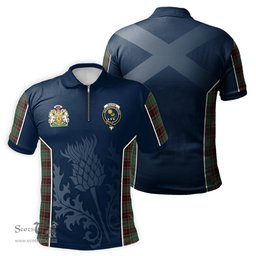 ScotsTee Shop Scottish Buchan Ancient Clan Scottish Crest and Scottish Thistle Sport Tartan Zipper Polo Shirt
