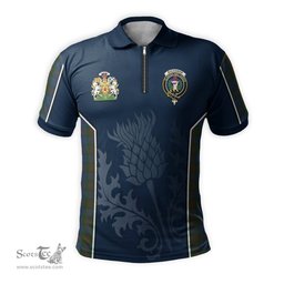 ScotsTee Shop Scottish Buchanan Hunting Clan Scottish Crest and Scottish Thistle Sport Tartan Zipper Polo Shirt