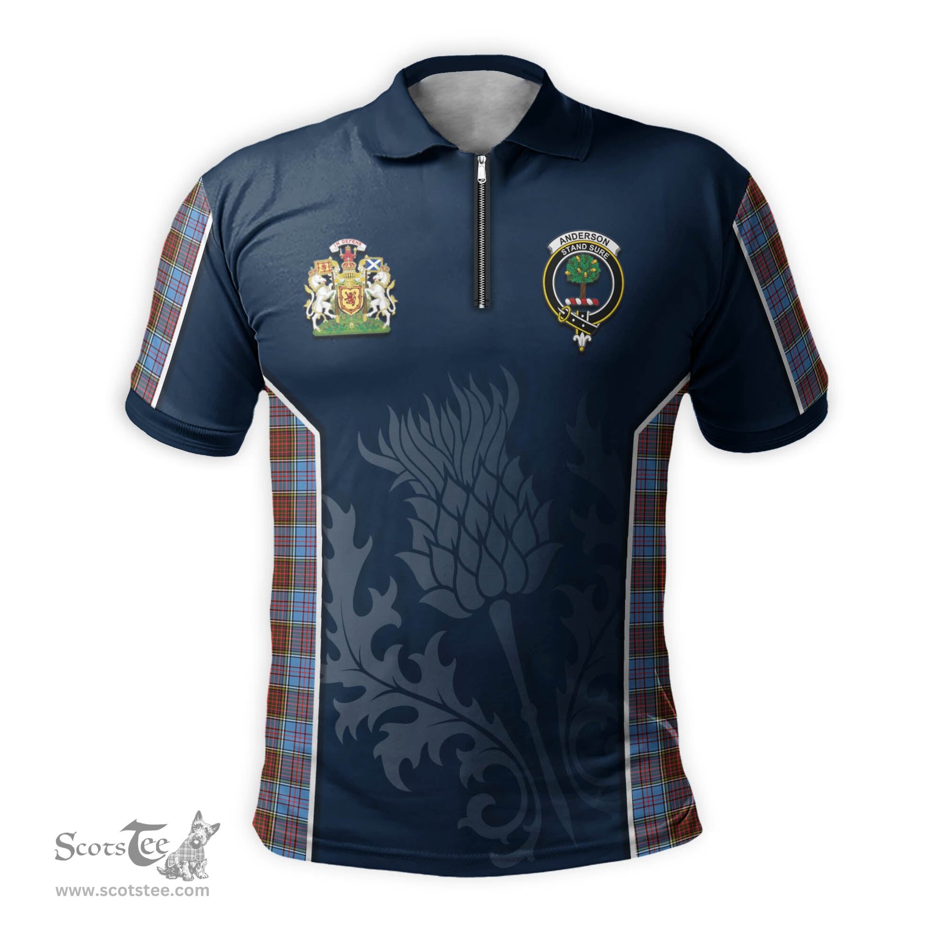ScotsTee Shop Scottish Anderson Modern Clan Scottish Crest and Scottish Thistle Sport Tartan Zipper Polo Shirt