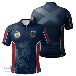 ScotsTee Shop Scottish Auchinleck Clan Scottish Crest and Scottish Thistle Sport Tartan Zipper Polo Shirt