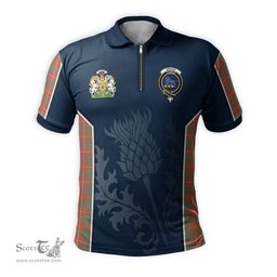 ScotsTee Shop Scottish Bruce Ancient Clan Scottish Crest and Scottish Thistle Sport Tartan Zipper Polo Shirt