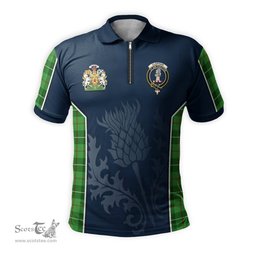ScotsTee Shop Scottish Clephan Clan Scottish Crest and Scottish Thistle Sport Tartan Zipper Polo Shirt