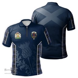 ScotsTee Shop Scottish Clark Clan Scottish Crest and Scottish Thistle Sport Tartan Zipper Polo Shirt