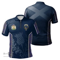 ScotsTee Shop Scottish Alexander of Menstry Clan Scottish Crest and Scottish Thistle Sport Tartan Zipper Polo Shirt