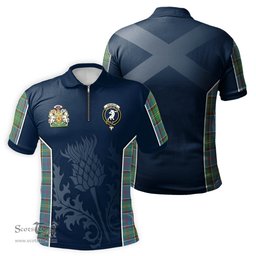ScotsTee Shop Scottish Colville Clan Scottish Crest and Scottish Thistle Sport Tartan Zipper Polo Shirt