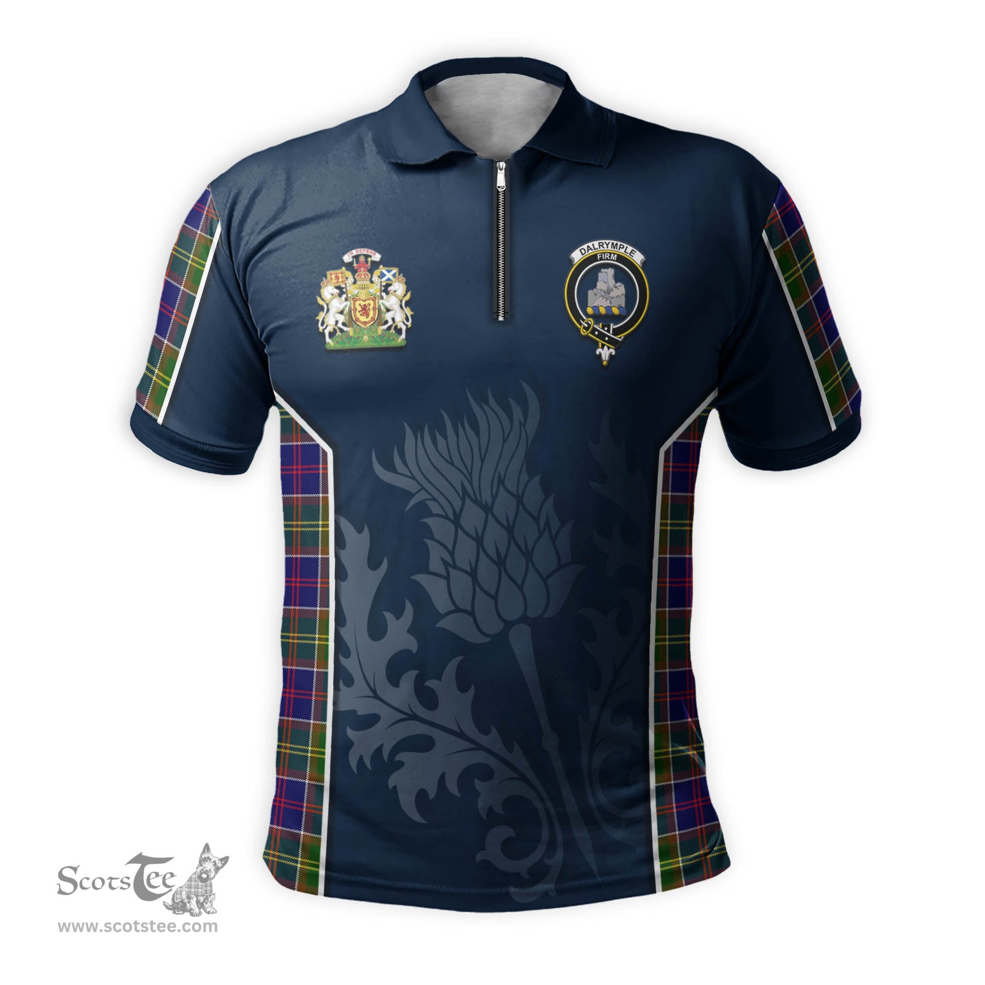 ScotsTee Shop Scottish Dalrymple Clan Scottish Crest and Scottish Thistle Sport Tartan Zipper Polo Shirt