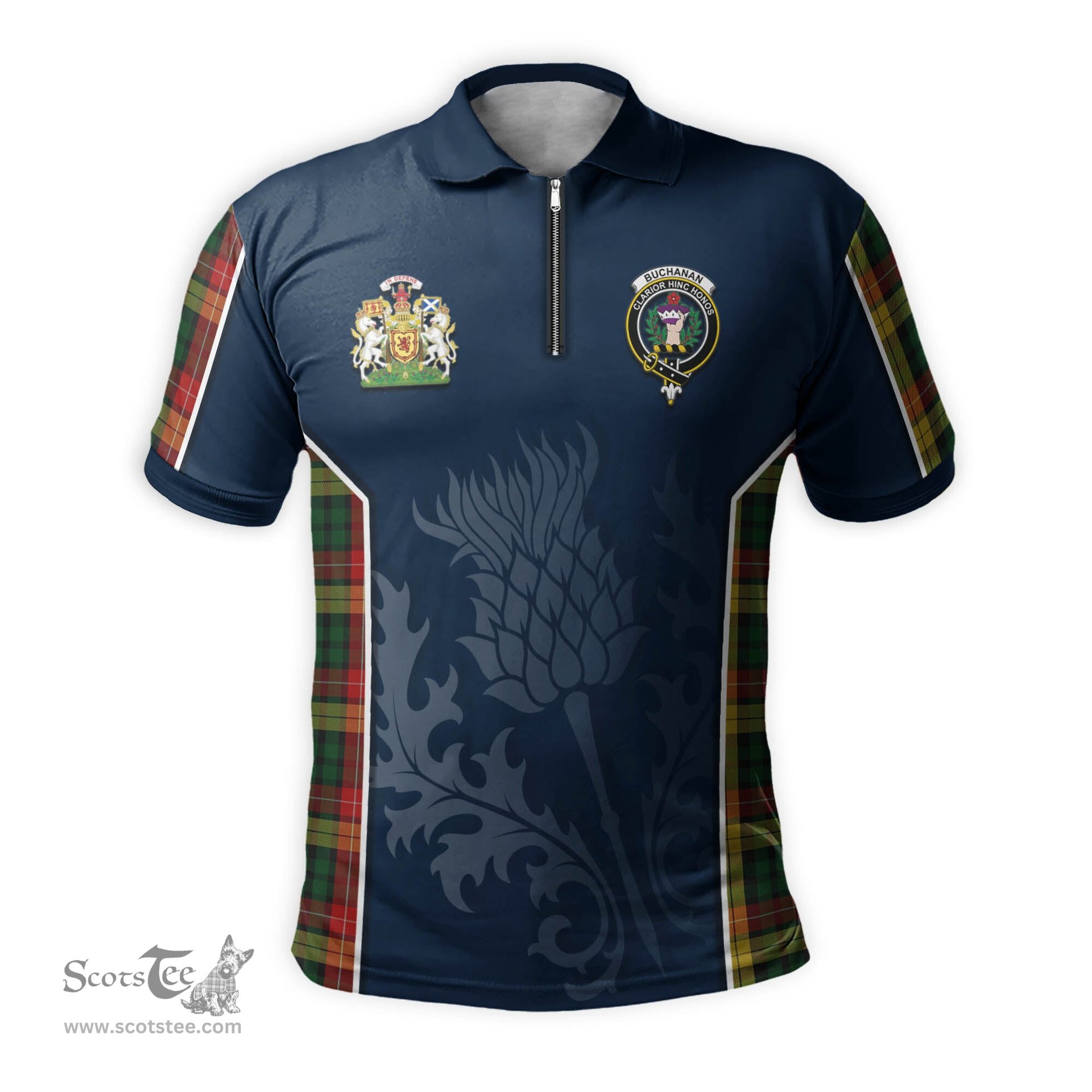 ScotsTee Shop Scottish Buchanan Clan Scottish Crest and Scottish Thistle Sport Tartan Zipper Polo Shirt